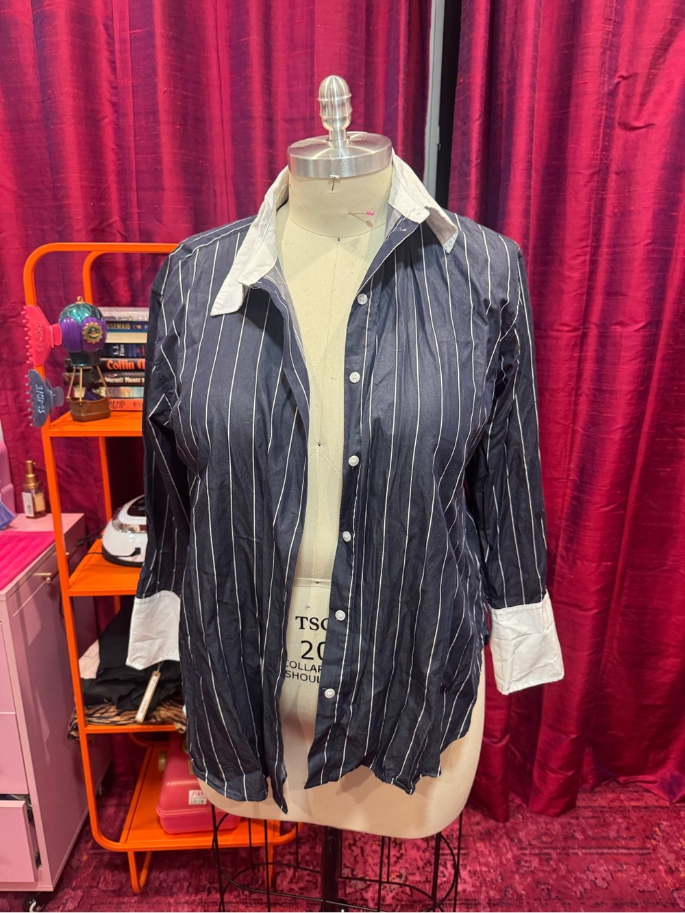 H&M Navy Pinstripe Shirt Jacket with White Collar & Cuffs